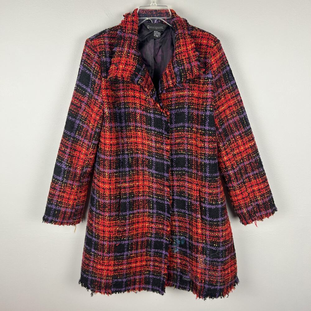 Desigual Plaid Long Sleeve Wool Blend Embroidered Lagenlook Button Front Coat XL